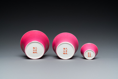 Three Chinese monochrome pink bowls, Guangxu mark and of the period