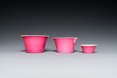 Three Chinese monochrome pink bowls, Guangxu mark and of the period