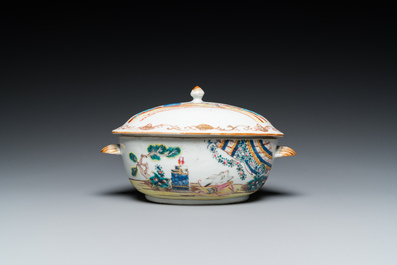A Chinese famille rose 'Valentine's dove' tureen and cover on stand, Qianlong