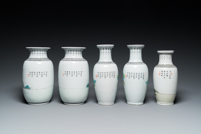 Six Chinese famille rose vases and a covered teapot, 20th C.