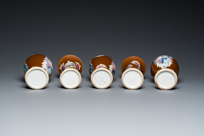 A Chinese capucin-brown-ground famille rose garniture of five vases with 'Xi Xiang Ji' design, Yongzheng