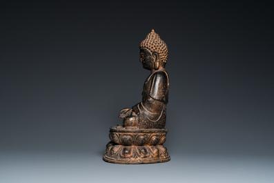 Grand Bouddha en bronze aux traces de dorure, Chine, marque de Kangxi, Qing