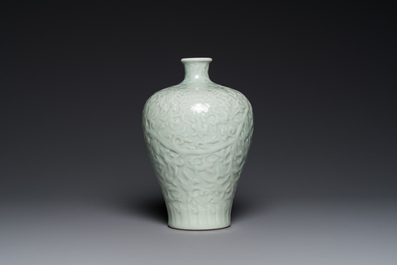 A Chinese celadon-glazed 'lotus scroll' 'meiping' vase, Kangxi mark, 19/20th C.