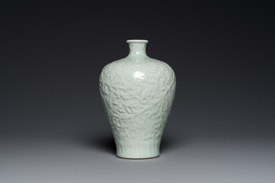 A Chinese celadon-glazed 'lotus scroll' 'meiping' vase, Kangxi mark, 19/20th C.