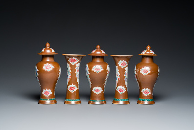 A Chinese capucin-brown-ground famille rose garniture of five vases with 'Xi Xiang Ji' design, Yongzheng