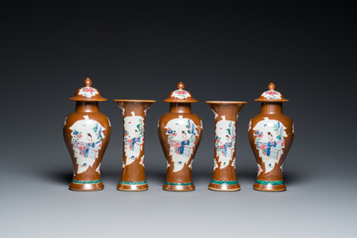 A Chinese capucin-brown-ground famille rose garniture of five vases with 'Xi Xiang Ji' design, Yongzheng