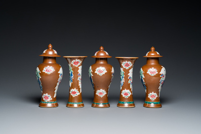 A Chinese capucin-brown-ground famille rose garniture of five vases with 'Xi Xiang Ji' design, Yongzheng