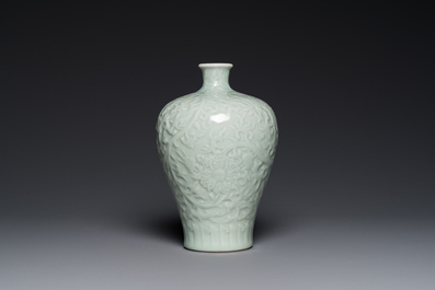 A Chinese celadon-glazed 'lotus scroll' 'meiping' vase, Kangxi mark, 19/20th C.