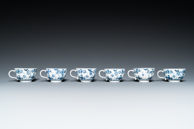 Six blue and white Meissen porcelain cups and saucers, a chocolate pot, a bowl and a tea caddy, 18th C.