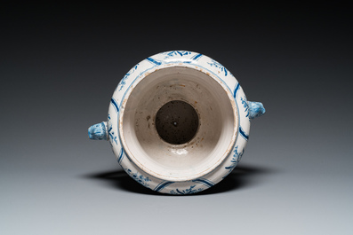 A large blue and white two-handled Frisian Delftware jardini&egrave;re with dolphin handles, Makkum, 18th C.