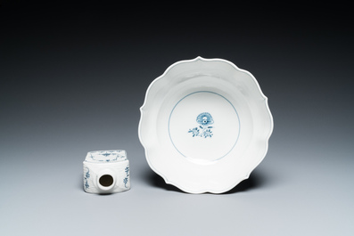 Six blue and white Meissen porcelain cups and saucers, a chocolate pot, a bowl and a tea caddy, 18th C.