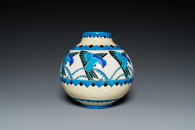 Charles Catteau (1880-1966) for Boch K&eacute;ramis: a globular Art Deco crackle-glazed vase with swallows