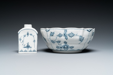 Six blue and white Meissen porcelain cups and saucers, a chocolate pot, a bowl and a tea caddy, 18th C.