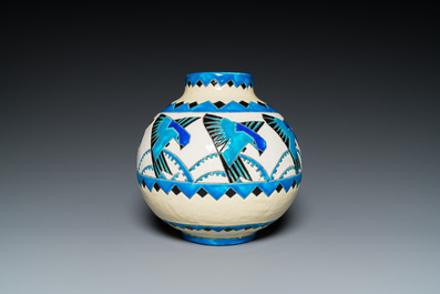 Charles Catteau (1880-1966) for Boch K&eacute;ramis: a globular Art Deco crackle-glazed vase with swallows