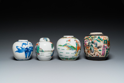 Sept pots en porcelaine de Chine en bleu et blanc, famille rose et famille verte, 19/20&egrave;me