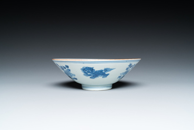 A Chinese blue and white 'Buddhist lions' bowl, Jiajing mark, Shunzhi