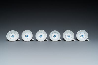 Six blue and white Meissen porcelain cups and saucers, a chocolate pot, a bowl and a tea caddy, 18th C.