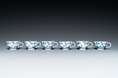 Six blue and white Meissen porcelain cups and saucers, a chocolate pot, a bowl and a tea caddy, 18th C.