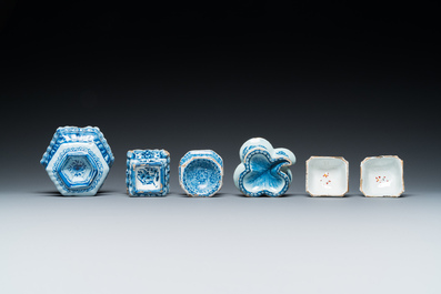 Four blue and white Dutch Delft salts and two small numerically inscribed bowls, 18th C.