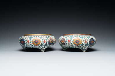 A pair of Chinese cloisonn&eacute; tripod censers, Fang Ming mark, Qing