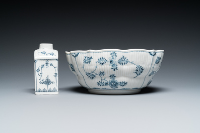 Six blue and white Meissen porcelain cups and saucers, a chocolate pot, a bowl and a tea caddy, 18th C.