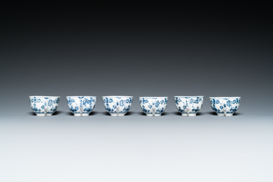 Six blue and white Meissen porcelain cups and saucers, a chocolate pot, a bowl and a tea caddy, 18th C.