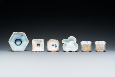 Four blue and white Dutch Delft salts and two small numerically inscribed bowls, 18th C.