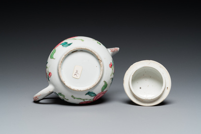 A Chinese famille rose 'peony' teapot and cover, Yongzheng
