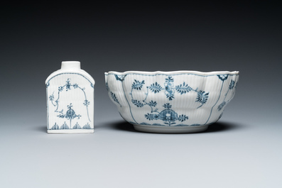Six blue and white Meissen porcelain cups and saucers, a chocolate pot, a bowl and a tea caddy, 18th C.