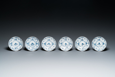 Six blue and white Meissen porcelain cups and saucers, a chocolate pot, a bowl and a tea caddy, 18th C.