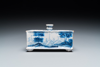 A Delft-style blue and white faience inkwell, probably Germany, signed and dated 1715