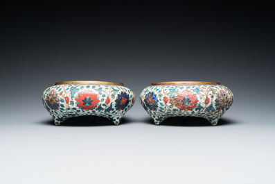 A pair of Chinese cloisonn&eacute; tripod censers, Fang Ming mark, Qing