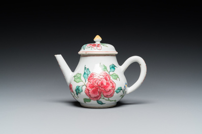 A Chinese famille rose 'peony' teapot and cover, Yongzheng