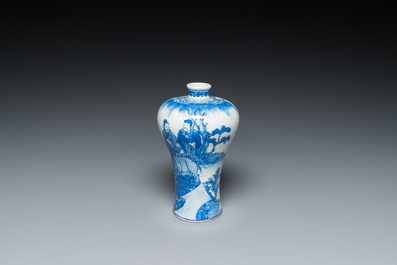 A fine Chinese blue and white 'meiping' vase with farmers with oxen, Qianlong mark, Republic