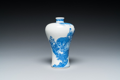 A fine Chinese blue and white 'meiping' vase with farmers with oxen, Qianlong mark, Republic