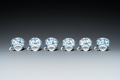 Six blue and white Meissen porcelain cups and saucers, a chocolate pot, a bowl and a tea caddy, 18th C.