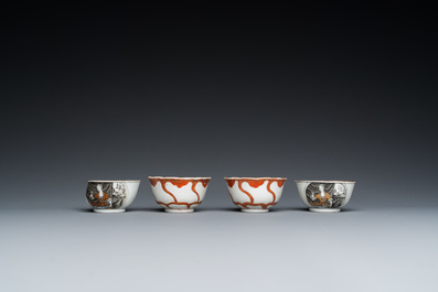 Vier Chinese grisaille en ijzerrode koppen en schotels, Yongzheng/Qianlong
