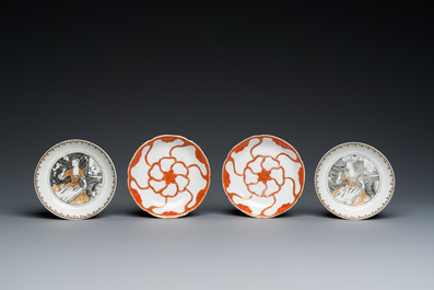 Vier Chinese grisaille en ijzerrode koppen en schotels, Yongzheng/Qianlong