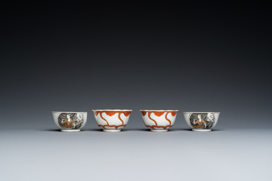 Quatre tasses et soucoupes en porcelaine de Chine en grisaille et rouge de fer, Yongzheng/Qianlong