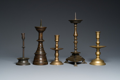 Five brass and bronze candlesticks, 16th C. and later