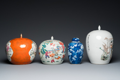 Four Chinese famille rose and blue and white covered jars, 19/20th C.