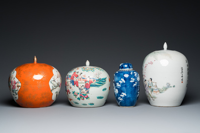 Four Chinese famille rose and blue and white covered jars, 19/20th C.