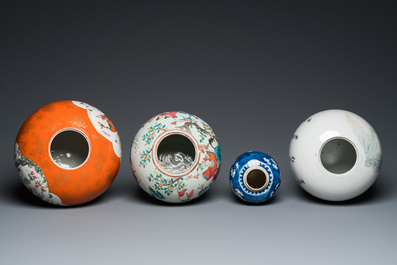 Four Chinese famille rose and blue and white covered jars, 19/20th C.