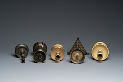 Five brass and bronze candlesticks, 16th C. and later