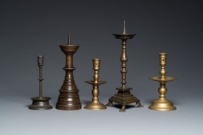 Five brass and bronze candlesticks, 16th C. and later