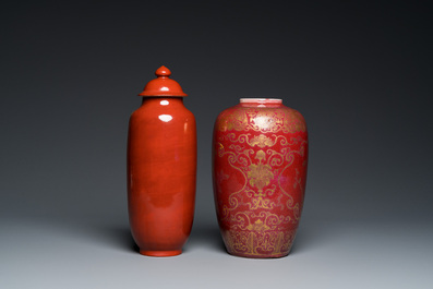 A Chinese coral-red vase with cover and a gilt-decorated sang de boeuf-glazed vase, 19/20th C.