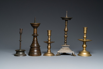 Five brass and bronze candlesticks, 16th C. and later