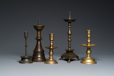 Five brass and bronze candlesticks, 16th C. and later