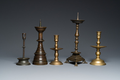 Five brass and bronze candlesticks, 16th C. and later