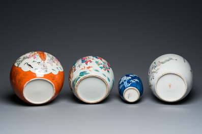 Four Chinese famille rose and blue and white covered jars, 19/20th C.